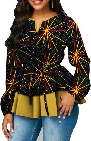 BAZINRICHE Women African Print Long Sleeves Top Shirt Dashiki V Collar Shirts Ankara Clothing with Belt in Kuwait