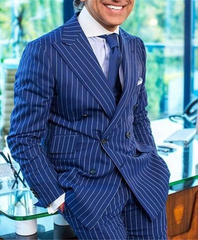 Pinstripe Suits for Men Double Breasted Suits Mens 2 Piece Slim Fit Prom Suits Blazer Pants Set Business Casual Blazer in Saudi Arabia