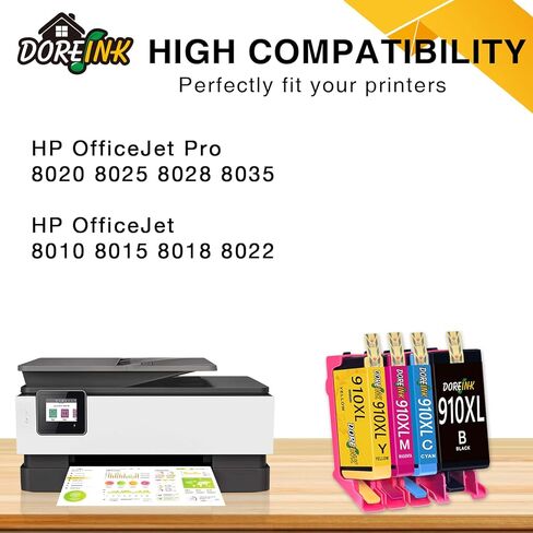 خرطوشة حبر DOREINK معاد تصنيعها 910 910XL بديلة لطابعة HP 910 910XL OfficeJet Pro 8025 8020 8035 8028 8022 8010 8015 8018 (أسود، سماوي، أرجواني، أصفر، 4 عبوات) in Kuwait