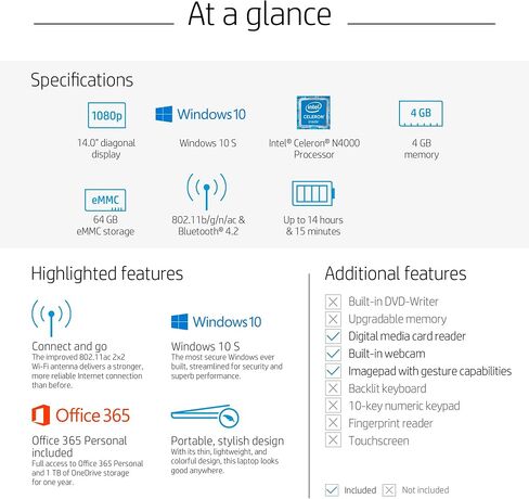 HP Stream 14-inch Laptop, Intel Celeron N4000 Processor, 4 GB RAM, 64 GB eMMC, Windows 10 S with Office 365 Personal for One Year (14-cb190nr, Gray) in Saudi Arabia