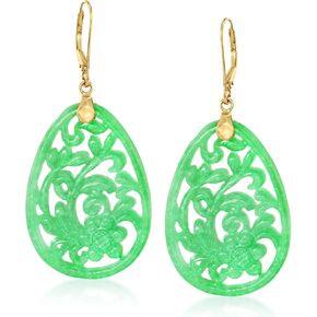 Ross-Simons Carved Jade Floral Drop Earrings in 14kt Yellow Gold in Kuwait