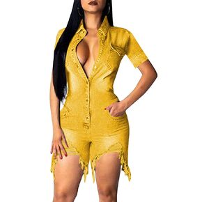 ECDAHICC Women’s Sexy Short Sleeve Night Club Denim Jumpsuits Rompers Mini Shorts One Piece Stretchy Rompers with Pocket