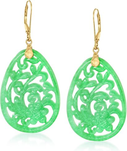Ross-Simons Carved Jade Floral Drop Earrings in 14kt Yellow Gold in Kuwait