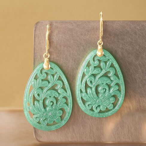 Ross-Simons Carved Jade Floral Drop Earrings in 14kt Yellow Gold in Kuwait