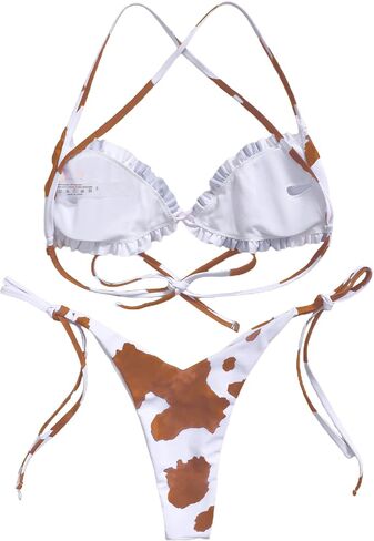 Remidoo Women's Cow Print Halter Frill Tirm Tie Side Triangle String Thong Bikini Set 2 Piece Swimsuit in Saudi Arabia