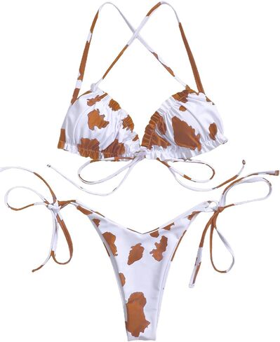 Remidoo Women's Cow Print Halter Frill Tirm Tie Side Triangle String Thong Bikini Set 2 Piece Swimsuit in Saudi Arabia