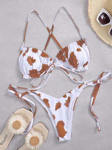 Remidoo Women's Cow Print Halter Frill Tirm Tie Side Triangle String Thong Bikini Set 2 Piece Swimsuit in Saudi Arabia
