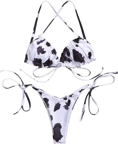 Remidoo Women's Cow Print Halter Frill Tirm Tie Side Triangle String Thong Bikini Set 2 Piece Swimsuit in Saudi Arabia