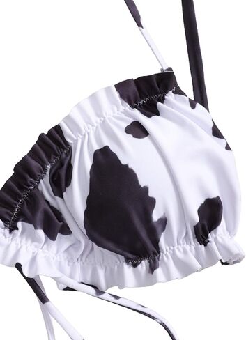 Remidoo Women's Cow Print Halter Frill Tirm Tie Side Triangle String Thong Bikini Set 2 Piece Swimsuit in Saudi Arabia