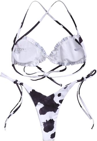 Remidoo Women's Cow Print Halter Frill Tirm Tie Side Triangle String Thong Bikini Set 2 Piece Swimsuit in Saudi Arabia