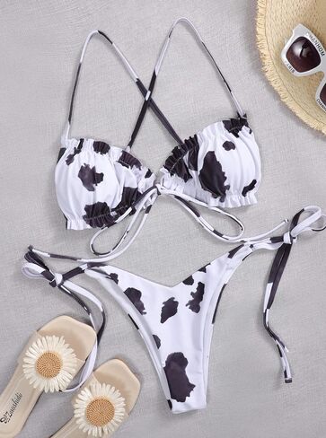 Remidoo Women's Cow Print Halter Frill Tirm Tie Side Triangle String Thong Bikini Set 2 Piece Swimsuit in Saudi Arabia