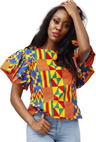 SHENBOLEN Women Kente Print Shirt African Tradition Top in Saudi Arabia