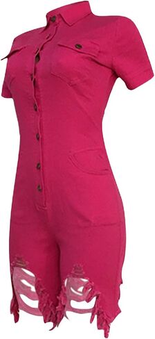 ECDAHICC Women’s Sexy Short Sleeve Night Club Denim Jumpsuits Rompers Mini Shorts One Piece Stretchy Rompers with Pocket in Kuwait