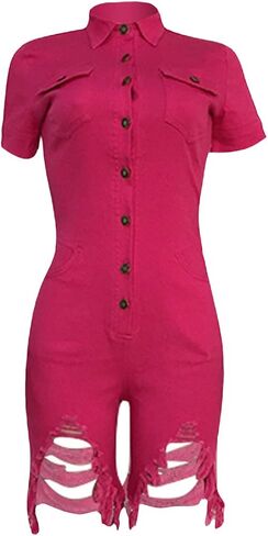 ECDAHICC Women’s Sexy Short Sleeve Night Club Denim Jumpsuits Rompers Mini Shorts One Piece Stretchy Rompers with Pocket in Kuwait