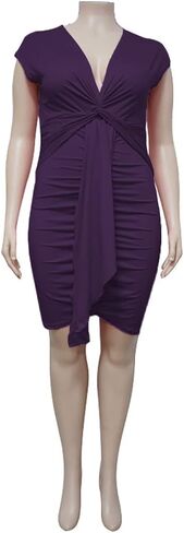 Nhicdns فساتين نسائية مثيرة مقاس كبير بدون أكمام ورقبة على شكل V مكشكشة فستان ضيق وحزام وحزام للحفلات والنوادي فستان ميدي in Kuwait