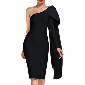 UONBOX Women's One Shoulder Bowknot Long Sleeve Bodycon Knee Length Club Party Bandage Dress in Kuwait