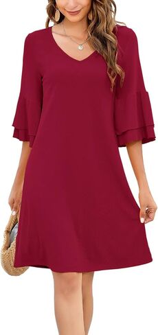 Gracyoga Women's Summer Cute V-Neck Ruffle Bell Sleeve Flowy Shift Dress Tunic Dress Mini Dresses in Saudi Arabia