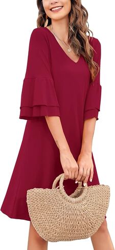 Gracyoga Women's Summer Cute V-Neck Ruffle Bell Sleeve Flowy Shift Dress Tunic Dress Mini Dresses in Saudi Arabia