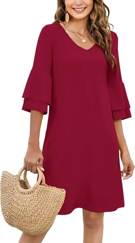 Gracyoga Women's Summer Cute V-Neck Ruffle Bell Sleeve Flowy Shift Dress Tunic Dress Mini Dresses in Saudi Arabia