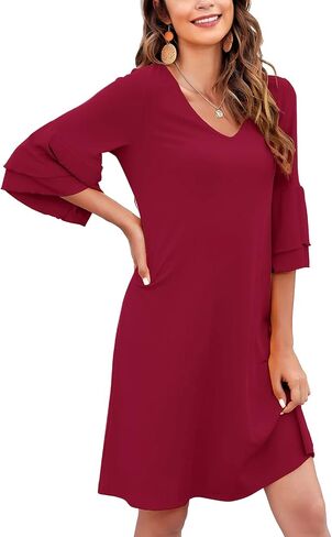 Gracyoga Women's Summer Cute V-Neck Ruffle Bell Sleeve Flowy Shift Dress Tunic Dress Mini Dresses in Saudi Arabia