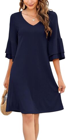 Gracyoga Women's Summer Cute V-Neck Ruffle Bell Sleeve Flowy Shift Dress Tunic Dress Mini Dresses in Saudi Arabia
