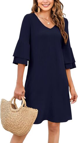 Gracyoga Women's Summer Cute V-Neck Ruffle Bell Sleeve Flowy Shift Dress Tunic Dress Mini Dresses in Saudi Arabia
