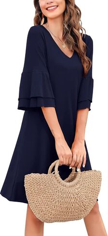 Gracyoga Women's Summer Cute V-Neck Ruffle Bell Sleeve Flowy Shift Dress Tunic Dress Mini Dresses in Saudi Arabia