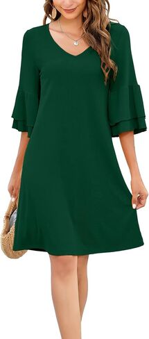 Gracyoga Women's Summer Cute V-Neck Ruffle Bell Sleeve Flowy Shift Dress Tunic Dress Mini Dresses in Saudi Arabia