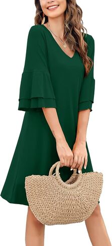 Gracyoga Women's Summer Cute V-Neck Ruffle Bell Sleeve Flowy Shift Dress Tunic Dress Mini Dresses in Saudi Arabia