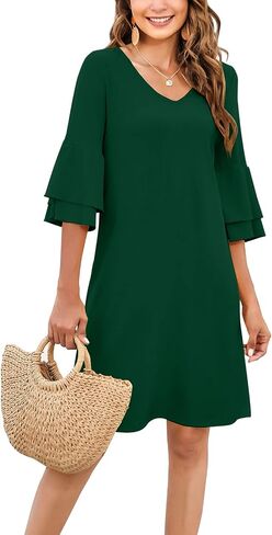 Gracyoga Women's Summer Cute V-Neck Ruffle Bell Sleeve Flowy Shift Dress Tunic Dress Mini Dresses in Saudi Arabia