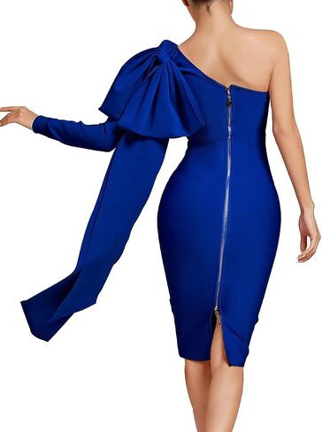 UONBOX Women's One Shoulder Bowknot Long Sleeve Bodycon Knee Length Club Party Bandage Dress in Kuwait