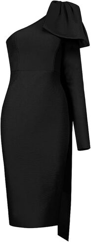 UONBOX Women's One Shoulder Bowknot Long Sleeve Bodycon Knee Length Club Party Bandage Dress in Kuwait