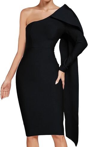 UONBOX Women's One Shoulder Bowknot Long Sleeve Bodycon Knee Length Club Party Bandage Dress in Kuwait