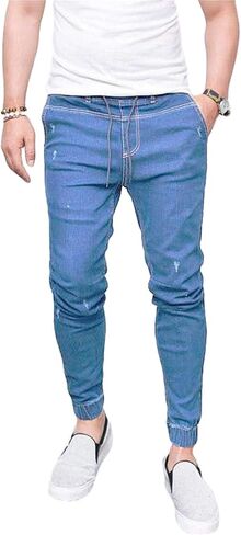 Andongnywell Mens Skinny Stretch Elasticated Waist Jeans Workout Slim fit Jogger Trousers Stretchy Denim Pants in Kuwait