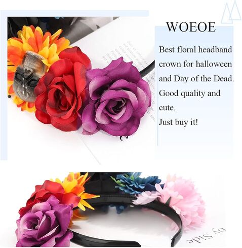 Woeoe Halloween Skull Headband Day of the Dead Costume Flower Crown Floral Spider Headpiece Accessory for Women and Girls in Kuwait