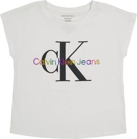Calvin Klein Girls' Short Sleeve Tee Shirt, Cute & Colorful Logo Design, Relaxed Fit & Round Neckline, White with Rainbow Logo, Size S 7 in Saudi Arabia