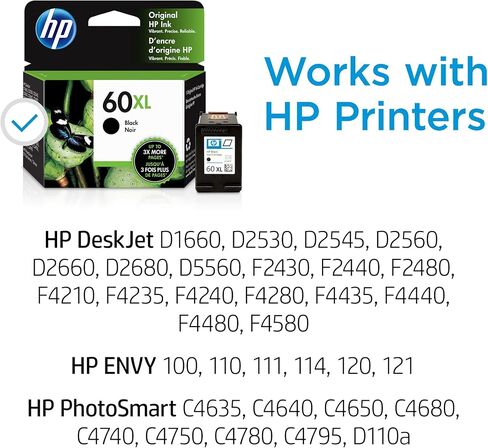 Original HP 60XL Black High-yield Ink Cartridge | Works with DeskJet D1660, D2500, D2600, D5560, F2400, F4200, F4400, F4580; ENVY 100, 110, 120; PhotoSmart C4600, C4700, D110a Series | CC641WN in Saudi Arabia