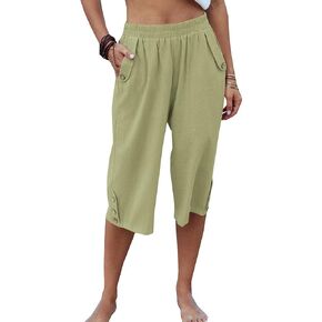 Veatzaer Womens Capri Pants Casual Cropped Pants Elastic Waist Summer Trousers 3/4 Length Pants with Pockets S-XXL in Saudi Arabia