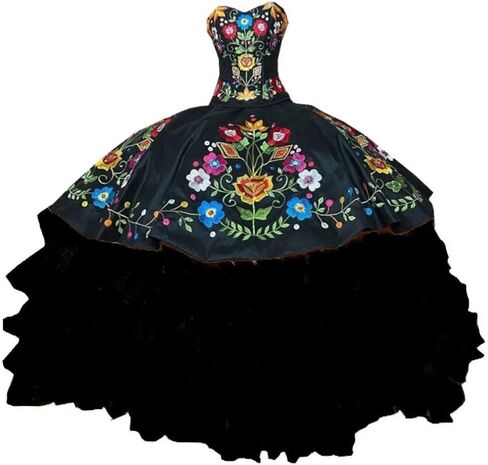 Vintage Ball Gown Flowers Embroidery Black Quinceanera Dresses Mexican Puffy Skirt Prom Sweet 16 Dress 2022 in Kuwait