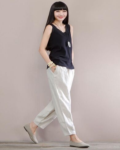 IXIMO Women's 100% Linen Pants Relax Fit Lantern Cropped TaperedPants Trousers with Elastic Waist in Kuwait