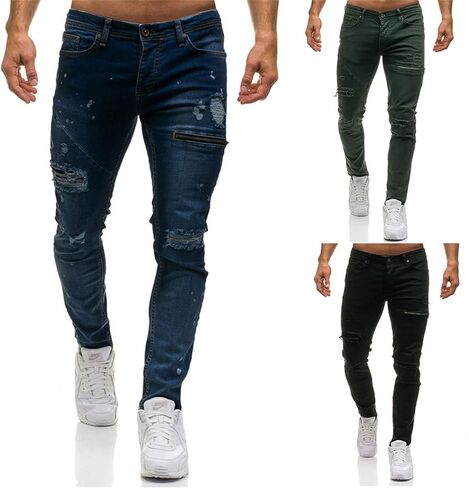 Andongnywell Mens Destroyed Straight Fit Jeans Ripped Skinny Biker Trousers Slim Fit Denim Pants with Zippers in Saudi Arabia