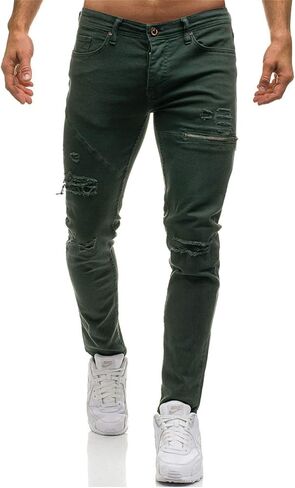 Andongnywell Mens Destroyed Straight Fit Jeans Ripped Skinny Biker Trousers Slim Fit Denim Pants with Zippers in Saudi Arabia