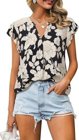 Gaharu Women's Notch V Neck Short Sleeve Chiffon Shirts Casual Lace Blouse Top in Kuwait