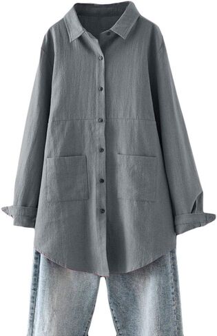 Minibee Women's Linen Shirts Button Down Long Tunic Tops Plus Size Blouse with Pockets in Saudi Arabia