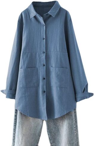 Minibee Women's Linen Shirts Button Down Long Tunic Tops Plus Size Blouse with Pockets in Saudi Arabia