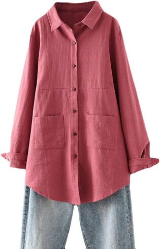 Minibee Women's Linen Shirts Button Down Long Tunic Tops Plus Size Blouse with Pockets in Saudi Arabia