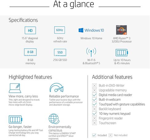 HP 15.6-inch HD Laptop, AMD Ryzen 3 3200U Processor, 8 GB RAM, 256 GB SSD, Windows 10 Home (15-ef0021nr, Natural Silver) in Saudi Arabia