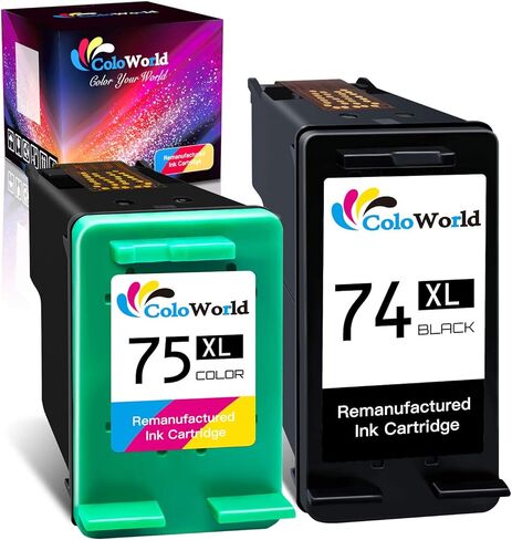 استبدال خرطوشة الحبر المعاد تصنيعها من ColoWorld لحزمة كومبو HP 74XL 75XL 74 75 (1 أسود، 1 لون) CB336WN تستخدم مع طابعة PhotoSmart C4280 C5280 C4480 C4250 DeskJet D4360 D4260 OfficeJet J5780 in Kuwait