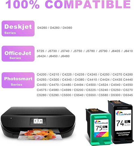 استبدال خرطوشة الحبر المعاد تصنيعها من ColoWorld لحزمة كومبو HP 74XL 75XL 74 75 (1 أسود، 1 لون) CB336WN تستخدم مع طابعة PhotoSmart C4280 C5280 C4480 C4250 DeskJet D4360 D4260 OfficeJet J5780 in Kuwait