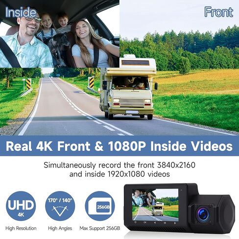 Frvesroe BF-2 4K+1080P كاميرا داش كام أمامية وداخلية، كاميرا سيارة أمامية وخلفية مع نظام تحديد المواقع والسرعة، كاميرا داش مع وضع انتظار 24 ساعة، رؤية ليلية بالأشعة تحت الحمراء الفائقة مع مستشعر سوني (يتم تضمين بطاقة SD سعة 64 جيجابايت) in Kuwait